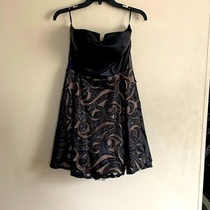Cocktail Dress Black faux leather top Sequin bottom with  tan underlay